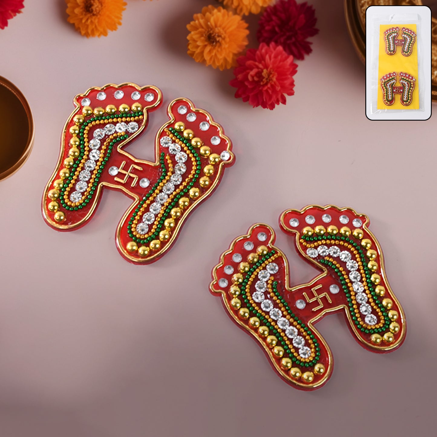Decorative Laxmi Charan Paduka sticker set by Wukusy, consisting of 2 colorful home improvement wall decals featuring traditional Lakshmi footprints