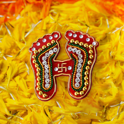 Decorative Laxmi Charan Paduka sticker set from Wukusy, includes two colorful home decor stickers featuring traditional Lakshmi footprints.