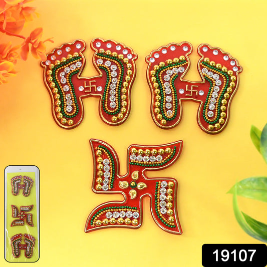 Decorative Laxmi Charan and Swastik combo set from Wukusy, 3-piece home improvement decor for auspicious decoration.