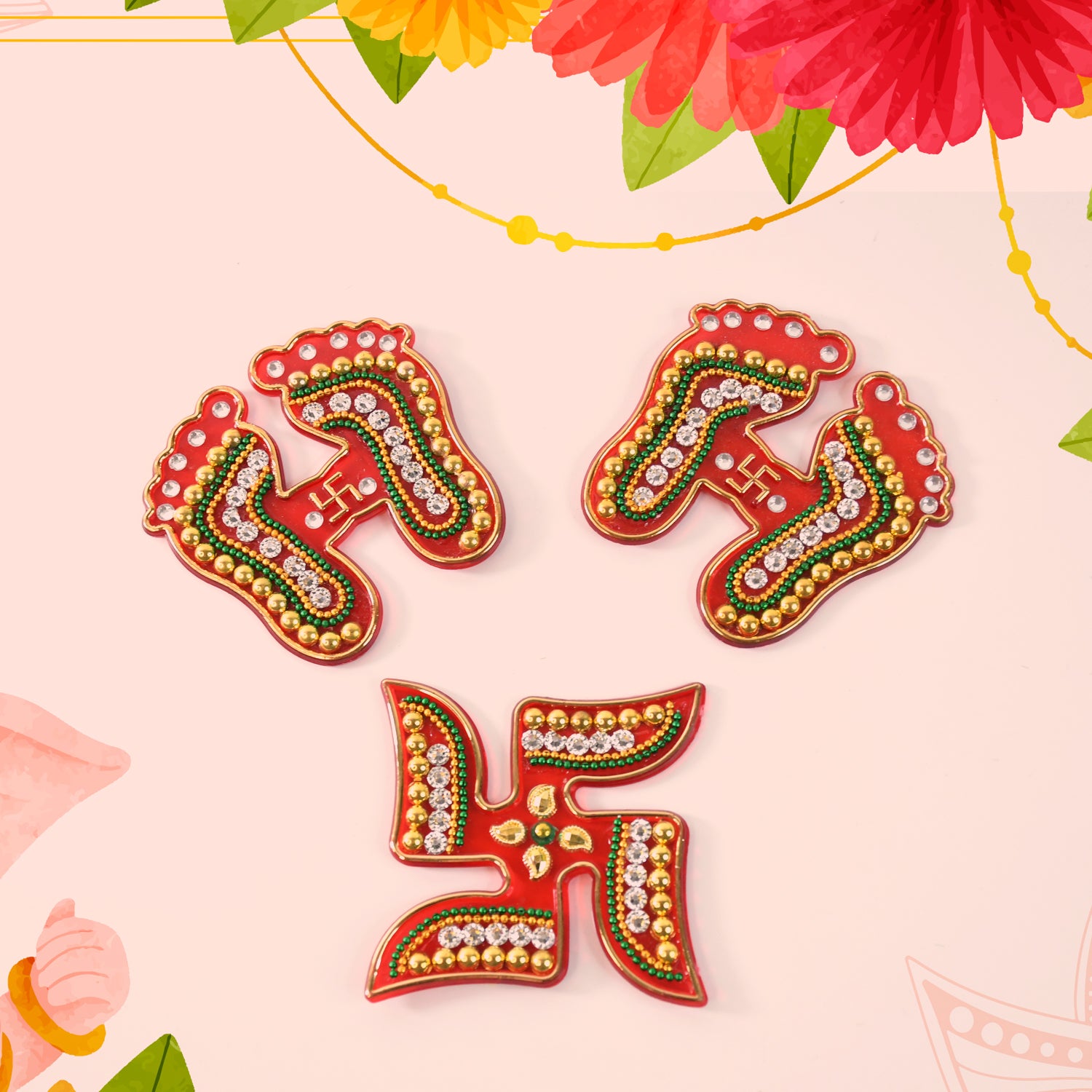 Decorative Laxmi Charan and Swastik combo set by Wukusy, 3-piece home decor for auspicious decoration and home improvement.