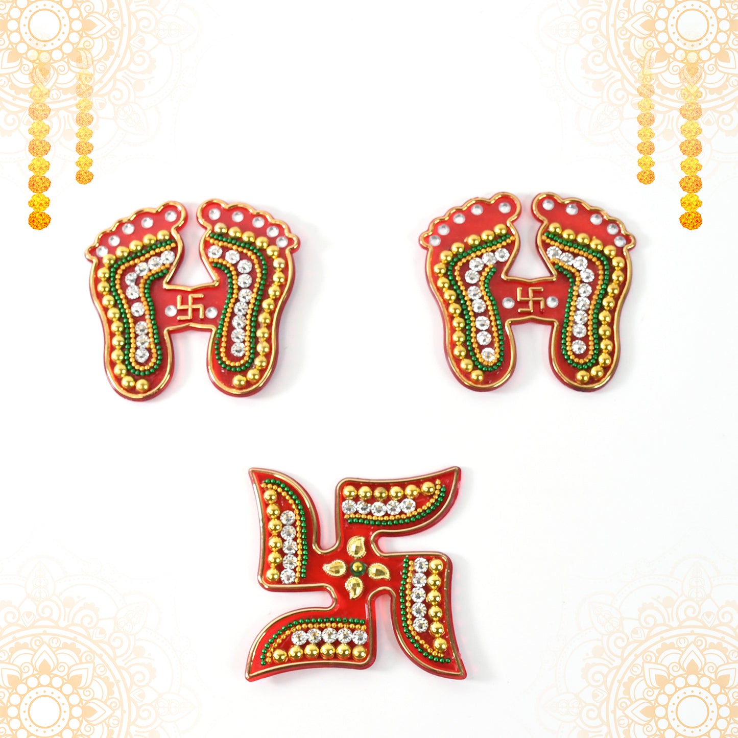 Decorative Laxmi Charan and Swastik combo set from Wukusy, 3-piece home improvement decor for spiritual and festive ambiance.