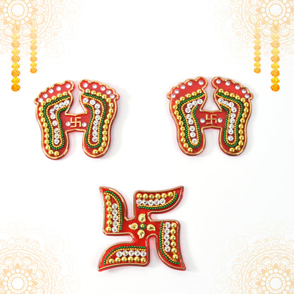 Decorative Laxmi Charan and Swastik combo set from Wukusy, 3-piece home improvement decor for spiritual and festive ambiance.