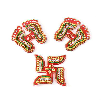 Decorative Laxmi Charan and Swastik combo set, 3-piece home improvement decor by Wukusy, featuring traditional Indian symbols.