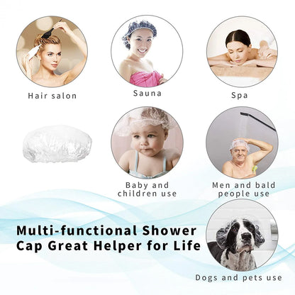 Disposable Wukusy shower cap for women, waterproof, larger, thick plastic with elastic, individually wrapped for hotel, spa, or home use.