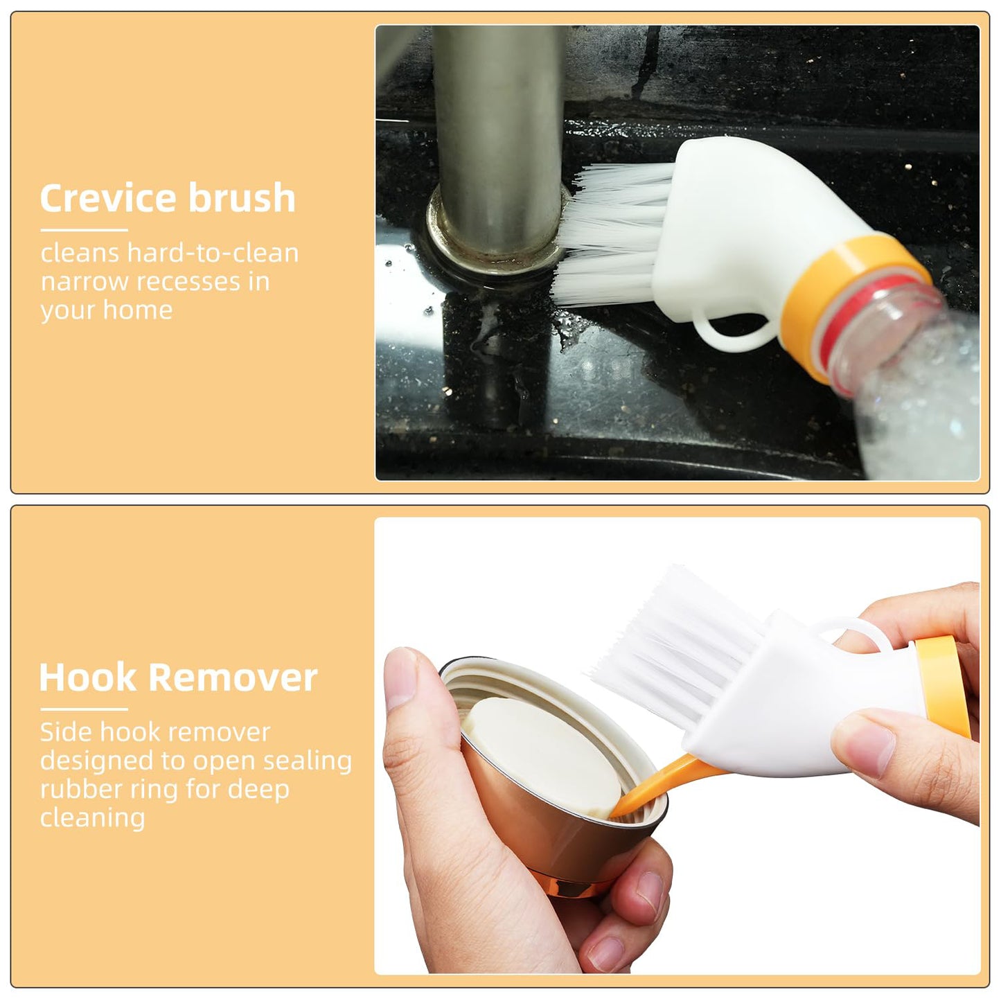 Wukusy multipurpose bottle-attachable cleaning brush for kitchen and bathroom, shown attached to a bottle for versatile cleaning.