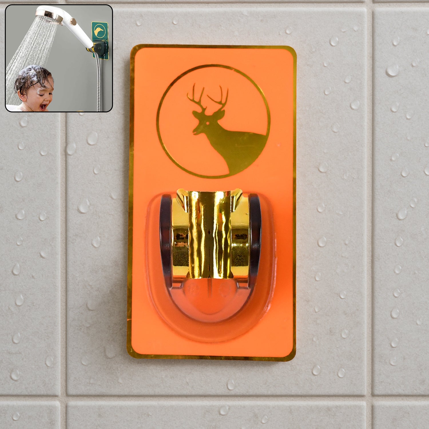 Wukusy self-adhesive adjustable shower head holder attached to bathroom wall, holding a shower head securely in place.