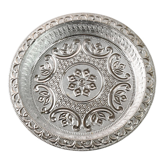 Traditional silver finish plastic Pooja Thali by Wukusy, designed for religious offerings and home prayer rituals.
