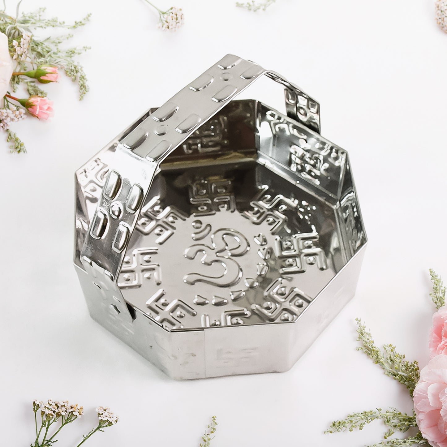 Traditional Stainless Steel Octagon Pooja Basket 1 Pc With Handle