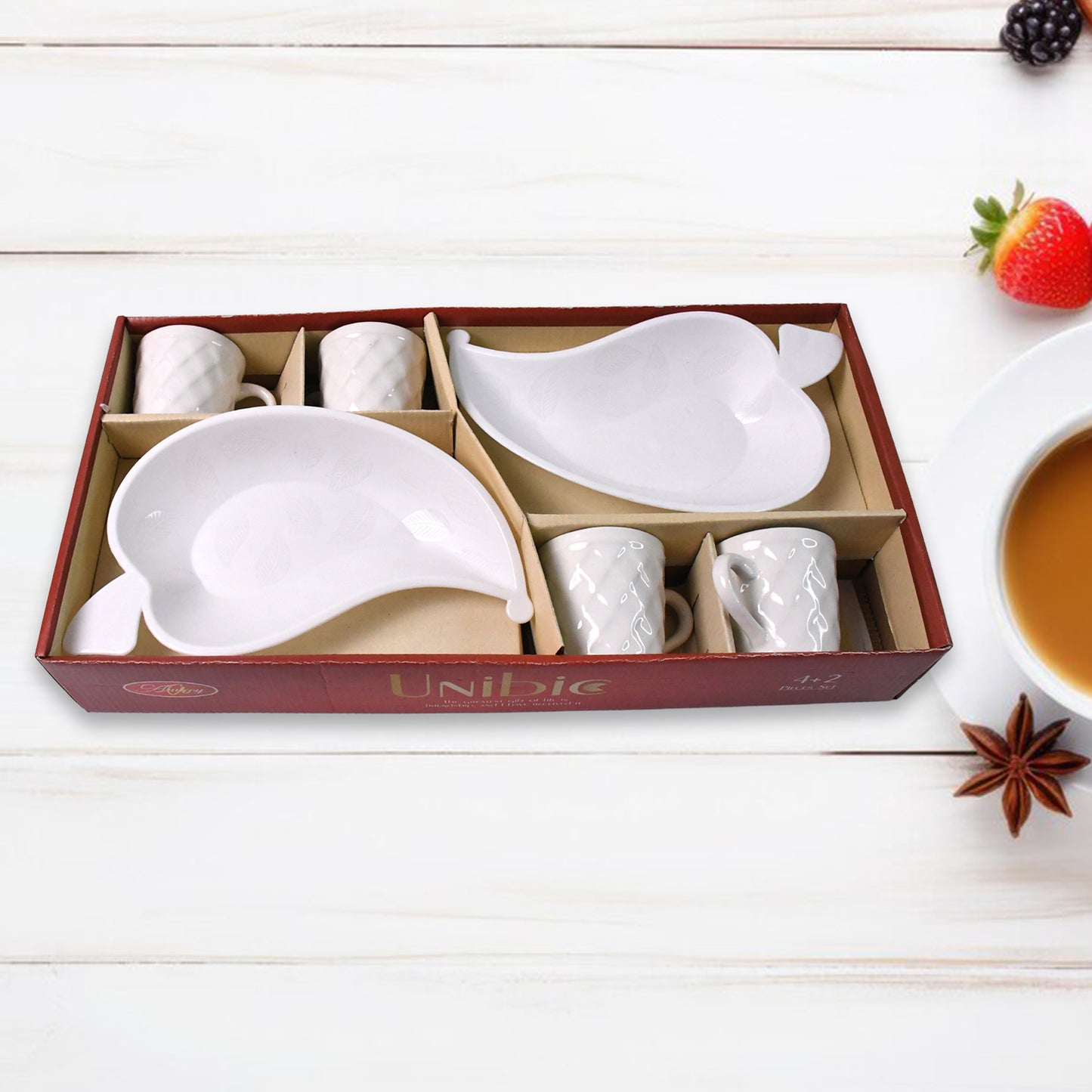 Unibic Ceramic Tea Cups With Plastic Leaf Shape Tray  Platter (6 Pcs Set)