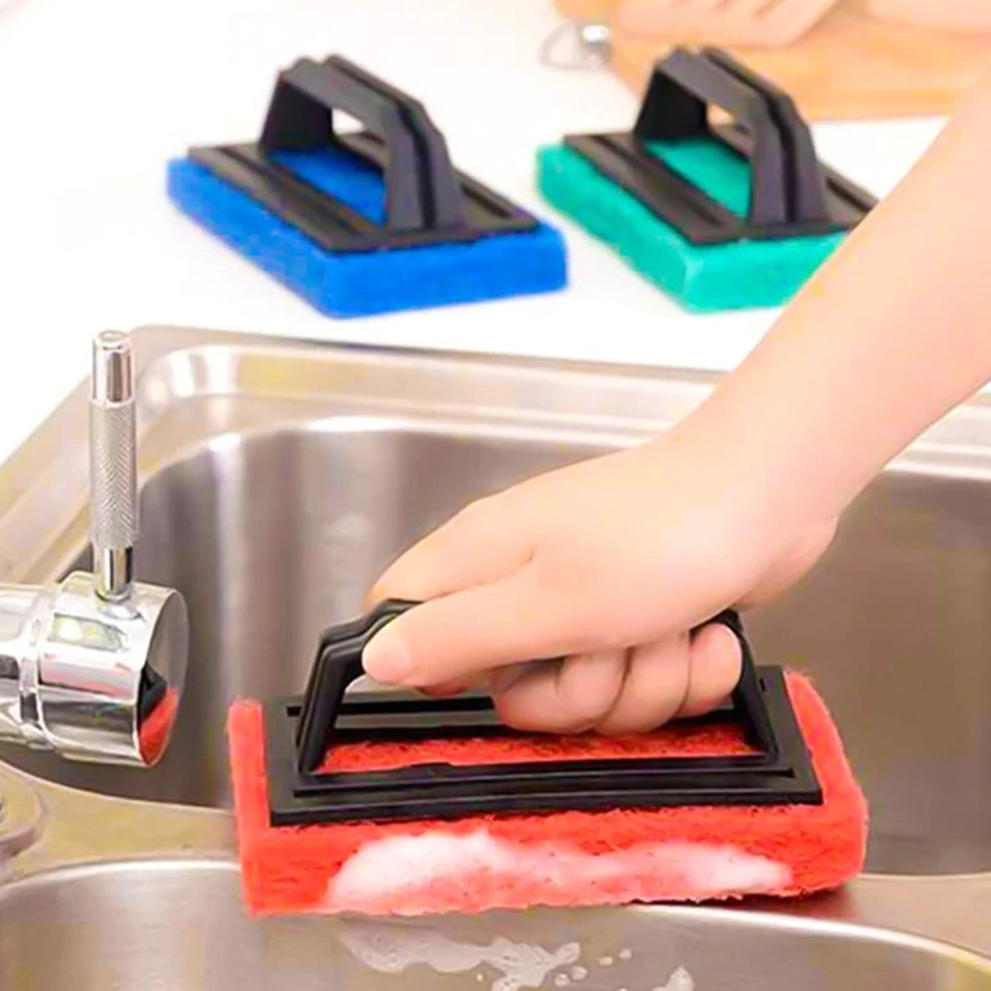Wukusy handle scrubber brush for washing utensils and kitchen or bathroom surfaces, versatile cleaning tool for home use.