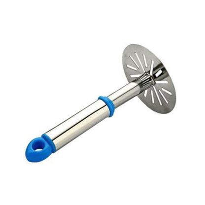 Wukusy stainless steel potato masher used for mashing potatoes and vegetables in home kitchen.