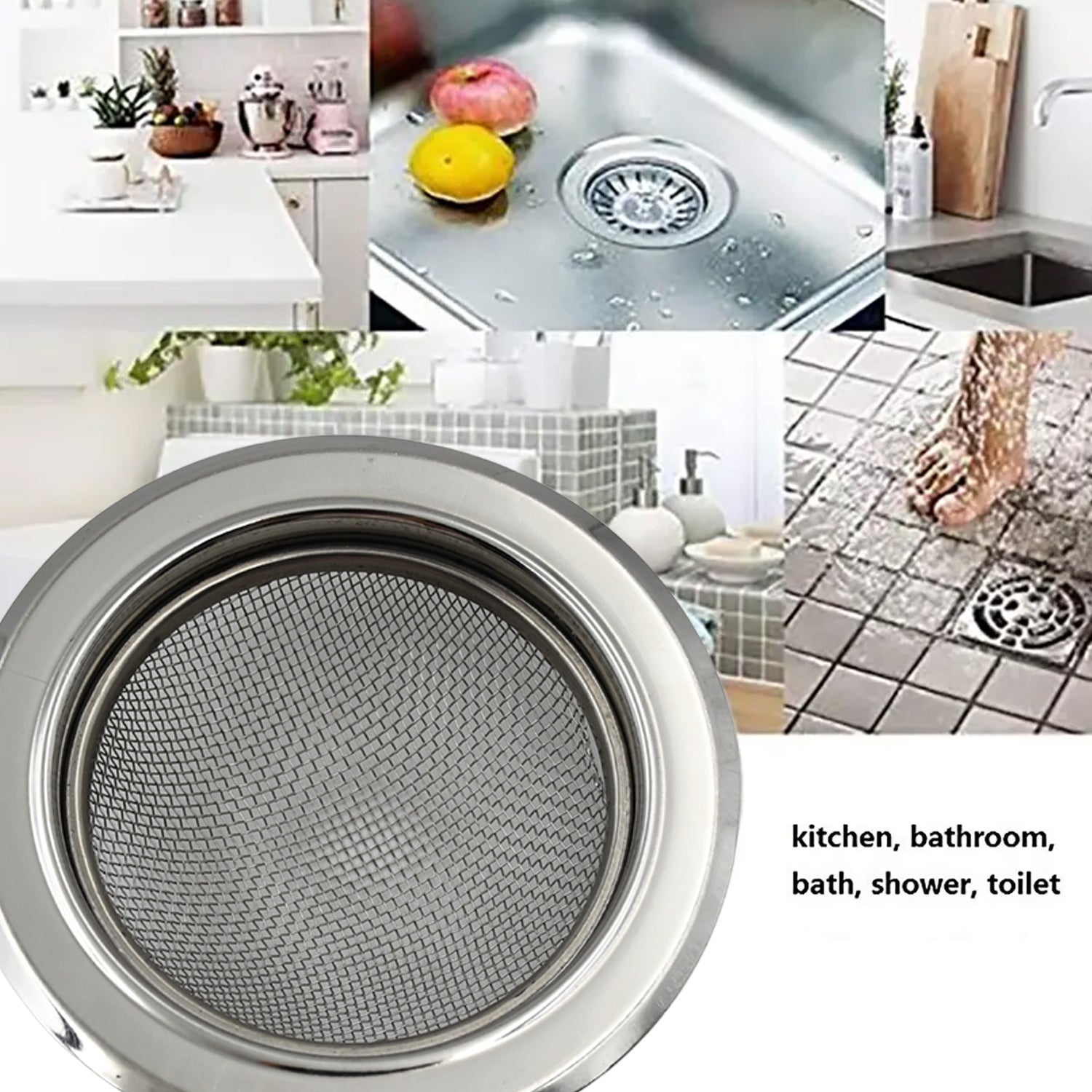 Wukusy stainless steel sink strainer for kitchen drain, medium size basin filter and stopper for preventing debris in the drain.