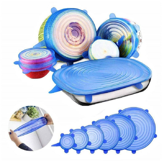 Set of 6 Wukusy silicone stretch lids, reusable microwave-safe flexible covers for bowls and containers in a home kitchen.