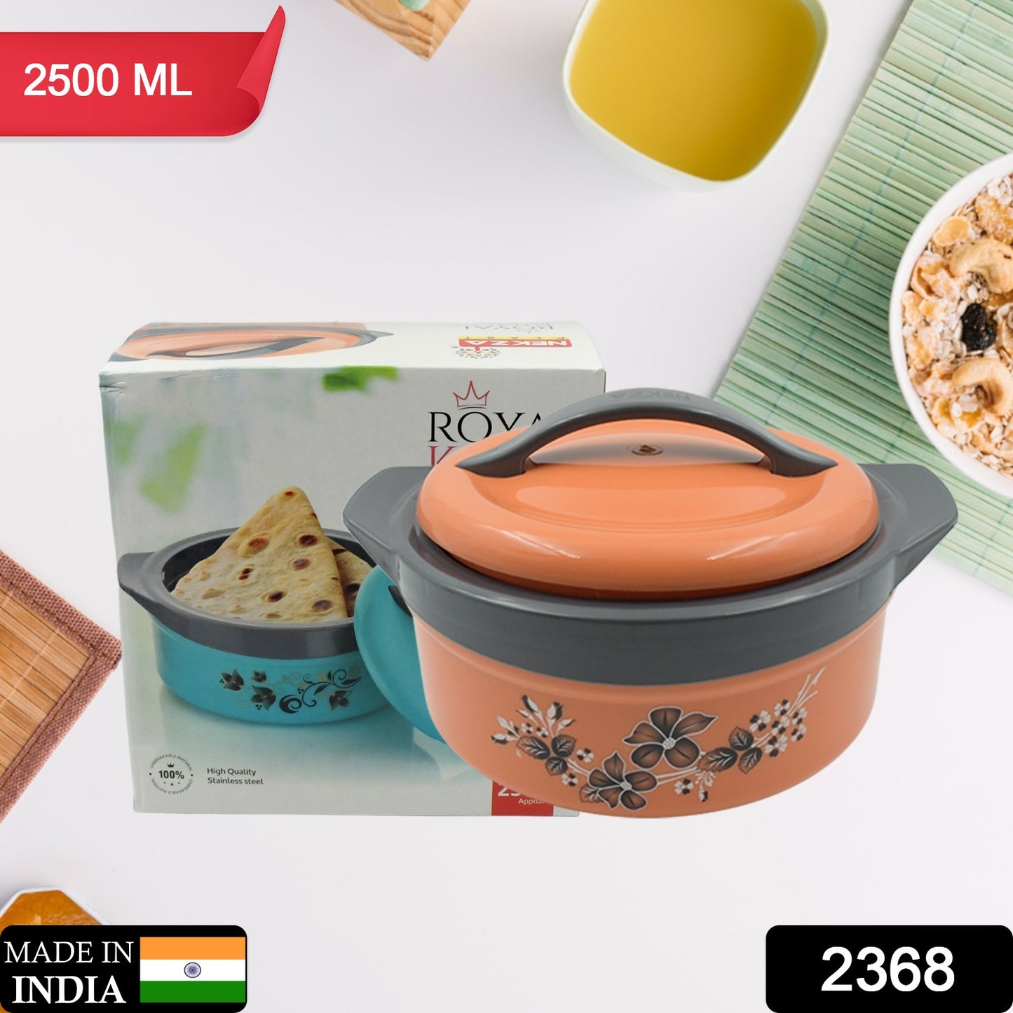 Wukusy 2500ml insulated steel casserole box with floral print for food serving, hot pot, and chapati storage in kitchen.