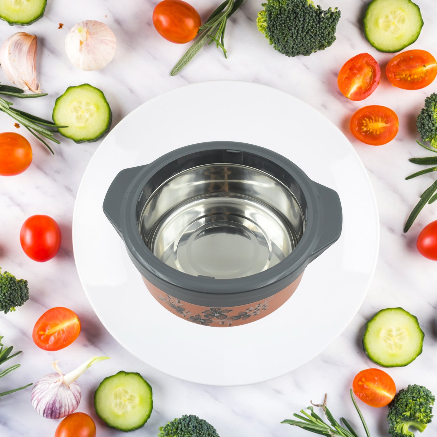 Wukusy 2500ml floral printed steel casserole box for food serving, hot pot, chapati, and roti storage in a kitchen setting.