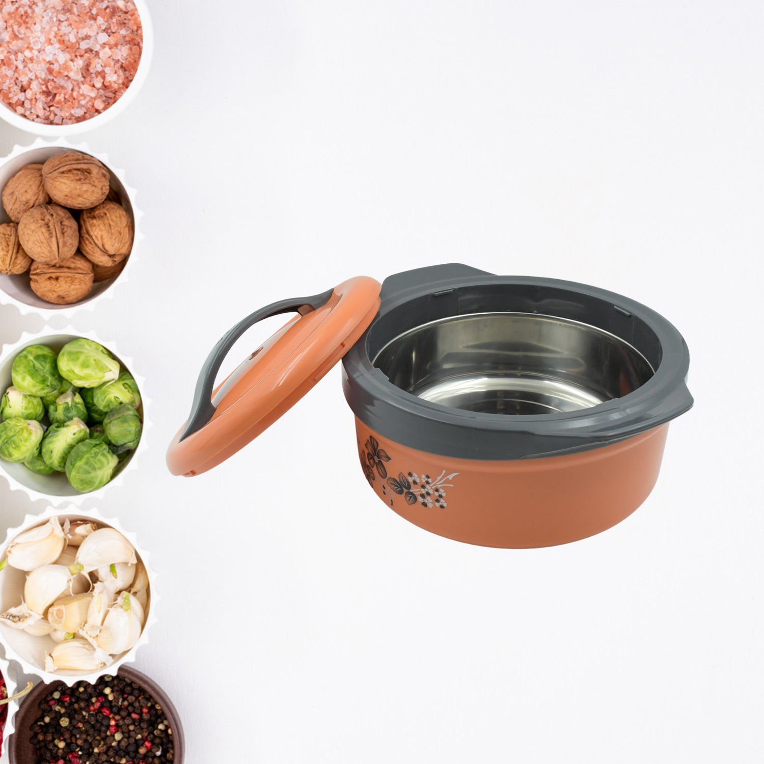 Wukusy 2500ml floral printed steel casserole box for food serving, insulated hot pot, ideal for roti and chapati storage in kitchen.