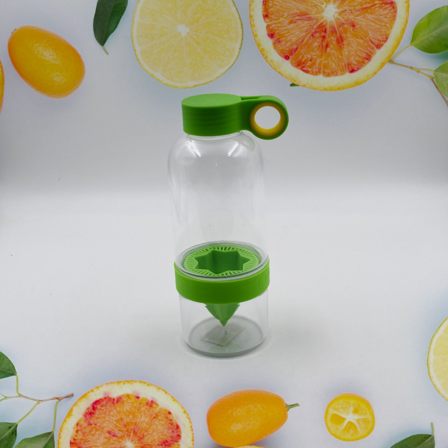 Wukusy Citrus Zinger fruit infuser water bottle with a built-in citrus slicer and sports cap for juice and infused water.