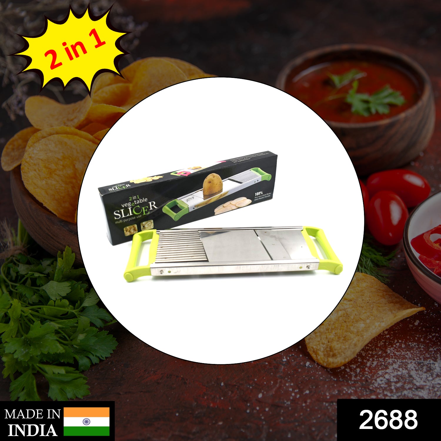 Wukusy 2-in-1 potato slicer for household kitchen use, designed for cutting and slicing potatoes efficiently.