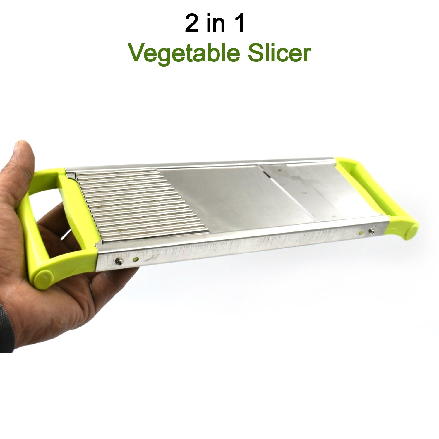 Wukusy 2-in-1 potato slicer for kitchen use, showing stainless steel blades for cutting and slicing potatoes in a home kitchen setting.