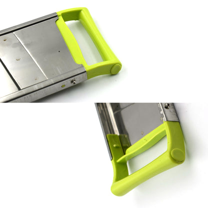 Wukusy 2-in-1 potato slicer for kitchen, shown slicing potatoes with a stainless steel blade in a home kitchen setting.