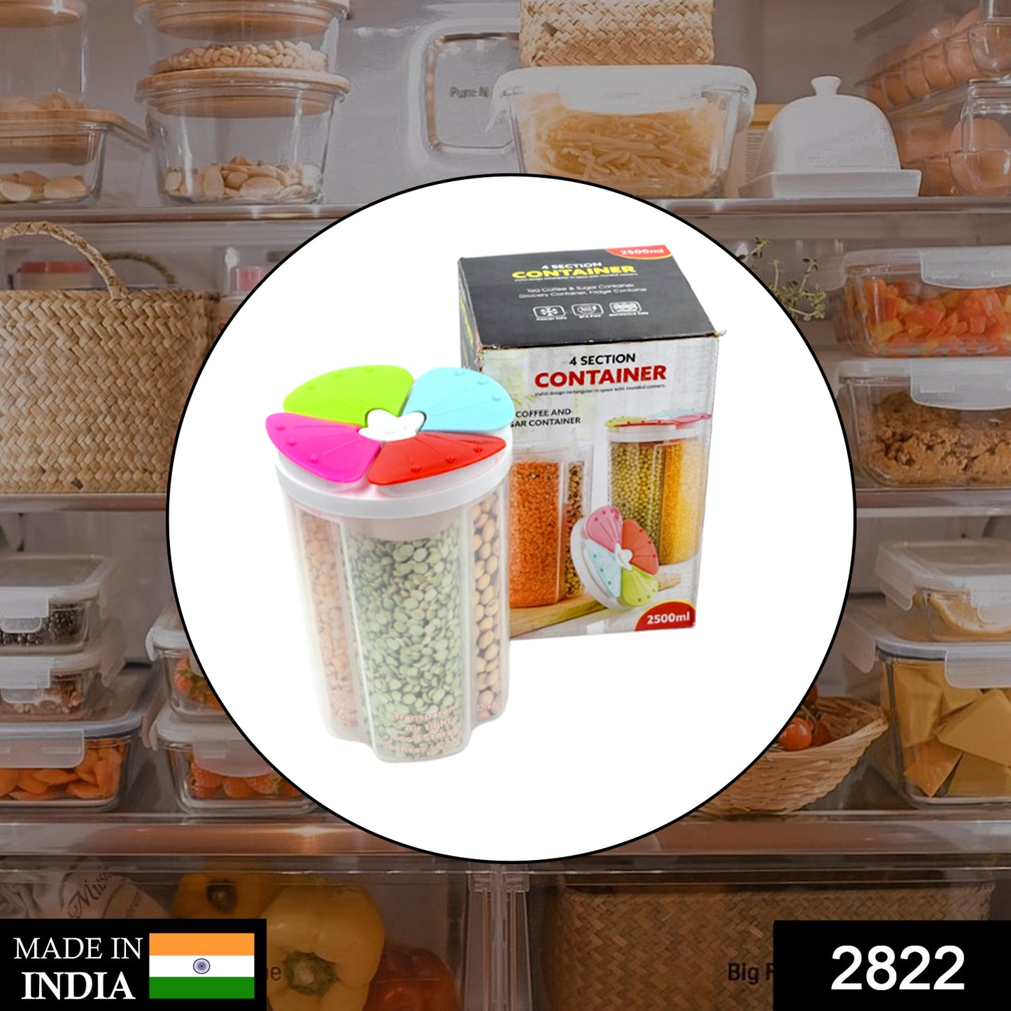 Wukusy 4-section transparent plastic food storage container with airtight lid, ideal for organizing kitchen pantry items.