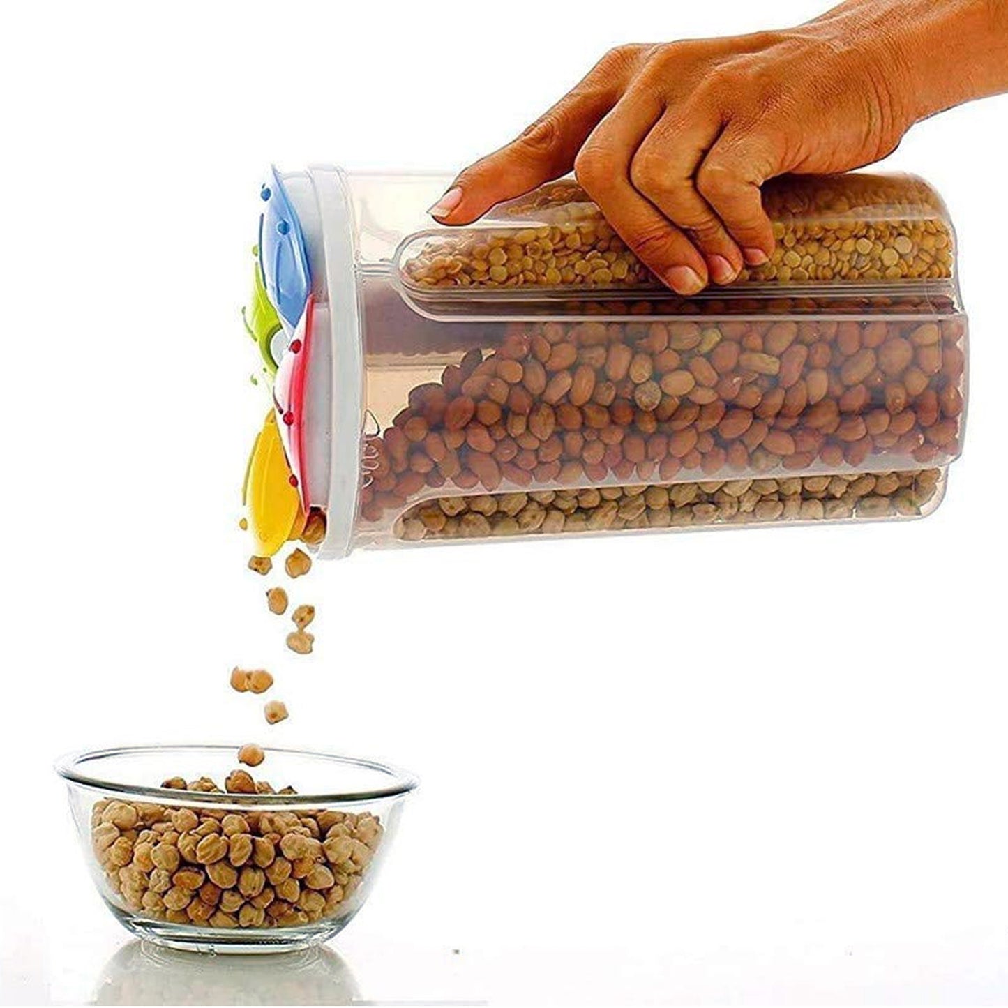 Wukusy 4-section transparent plastic food storage container with airtight lid for kitchen organization and fresh food storage.