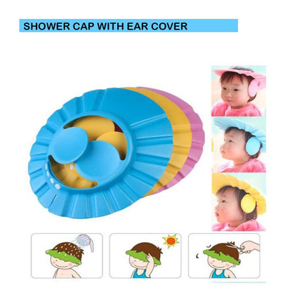 Adjustable Wukusy Safe Soft Baby Shower Cap shown in soft blue with adjustable strap for gentle hair washing.