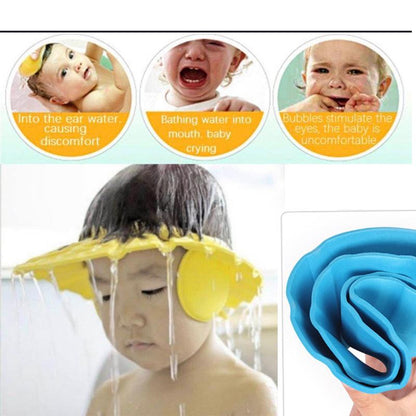 Wukusy adjustable safe soft baby shower cap in pastel blue, with elastic band and gentle waterproof material for baby bath time.