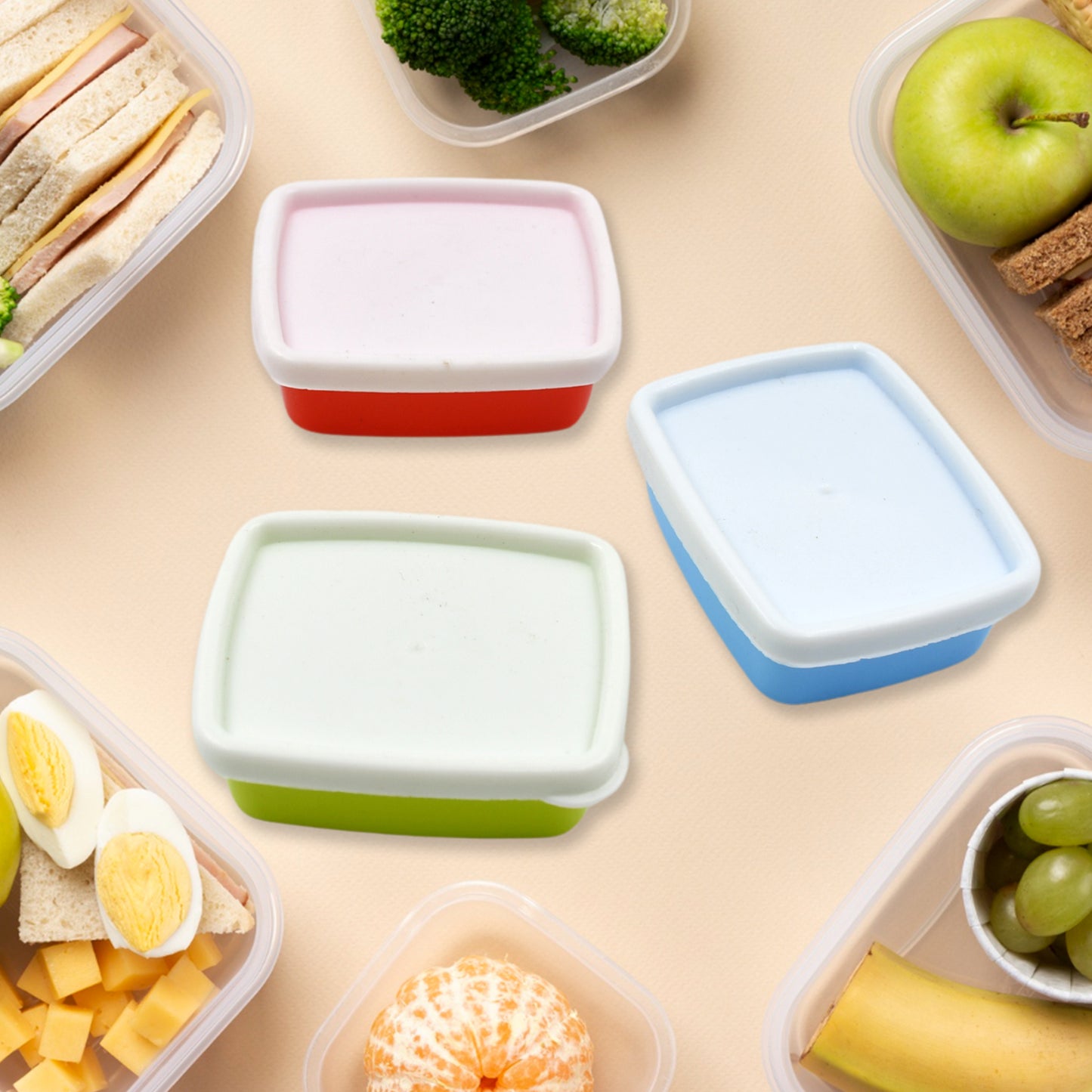 Set of three multicolor Wukusy plastic airtight containers with rectangular shapes for food storage, pickles, and fridge organization.
