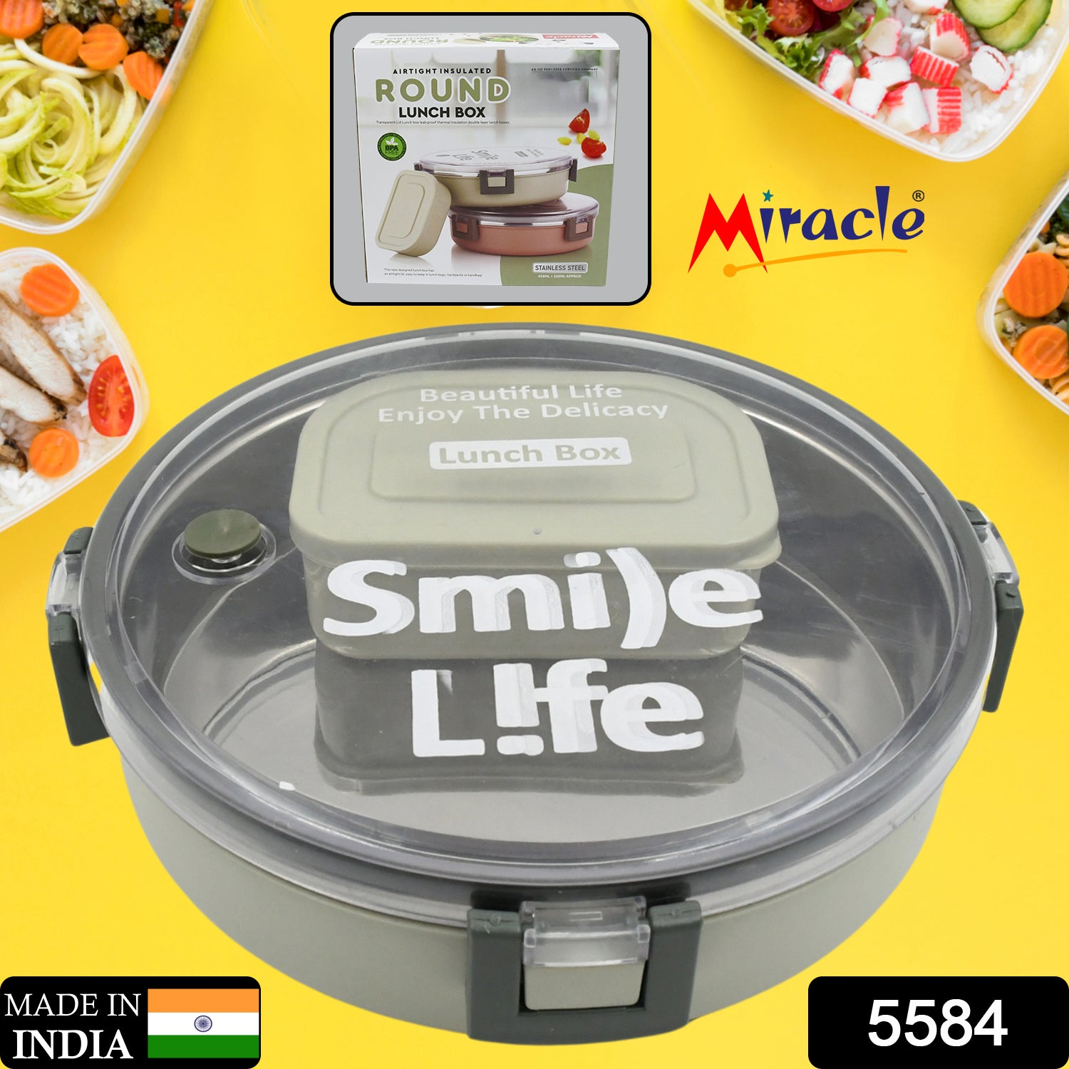 Wukusy Miracle stainless steel round lunch box with transparent lid, includes small plastic insert, leak-proof for kids and adults.