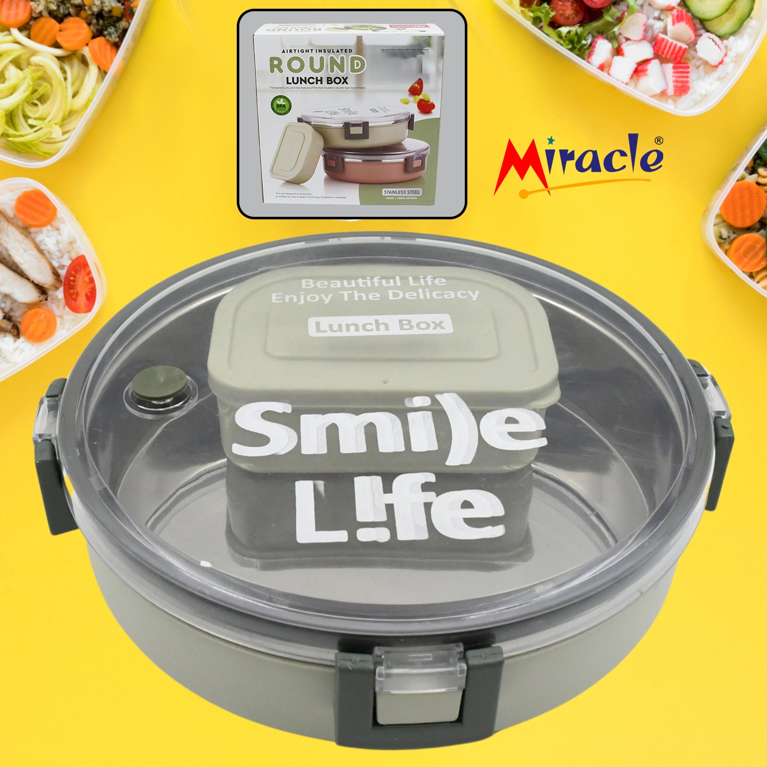 Wukusy Miracle stainless steel round lunch box with transparent lid and small plastic insert, leak-proof for kids and adults.