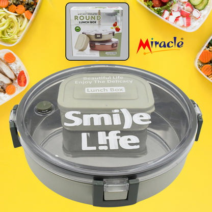 Wukusy Miracle stainless steel round lunch box with transparent lid and small plastic insert, leak-proof for kids and adults.