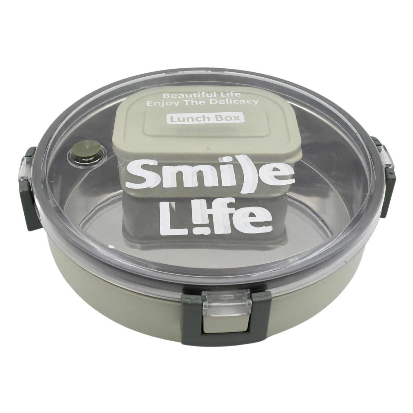 Wukusy stainless steel round lunch box with transparent lid, includes small plastic insert, leak-proof design for kids and adults.