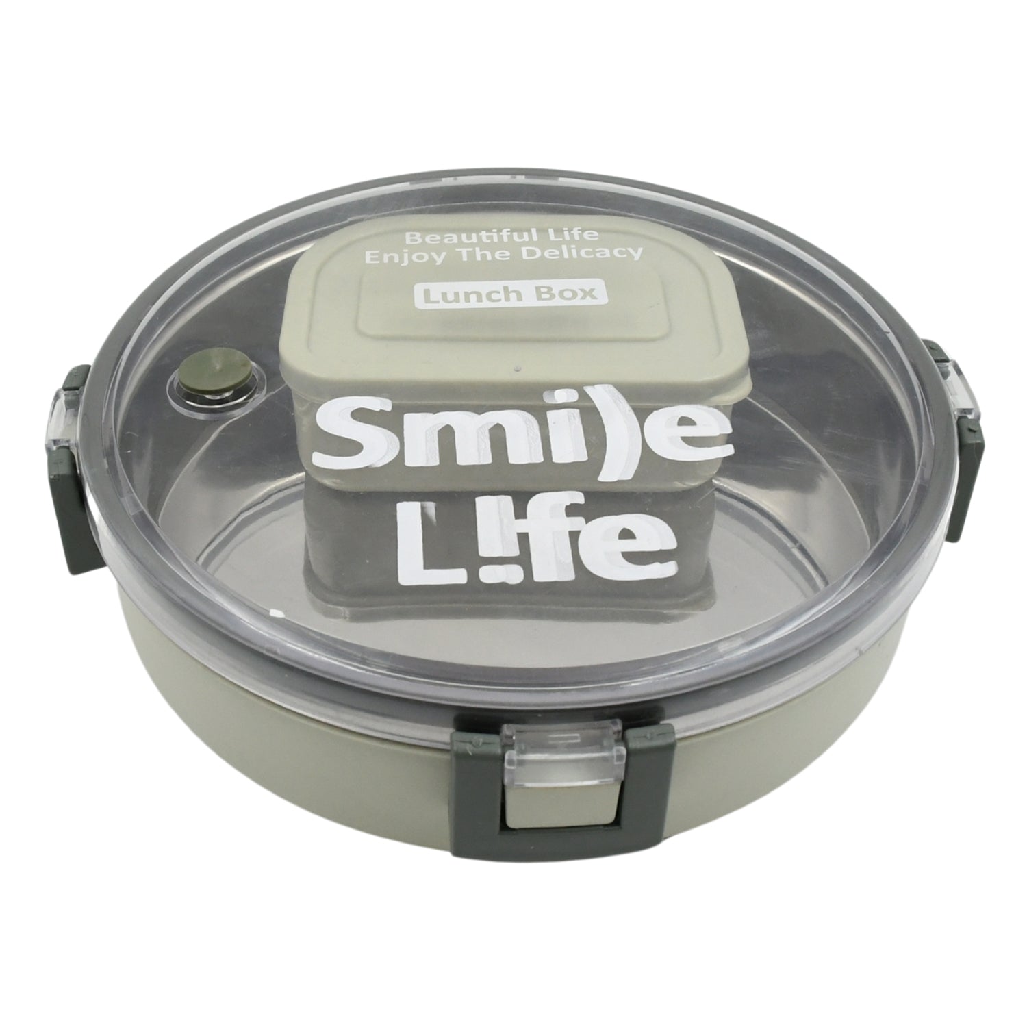 Wukusy stainless steel round lunch box with transparent lid, includes small plastic insert, leak-proof design for kids and adults.