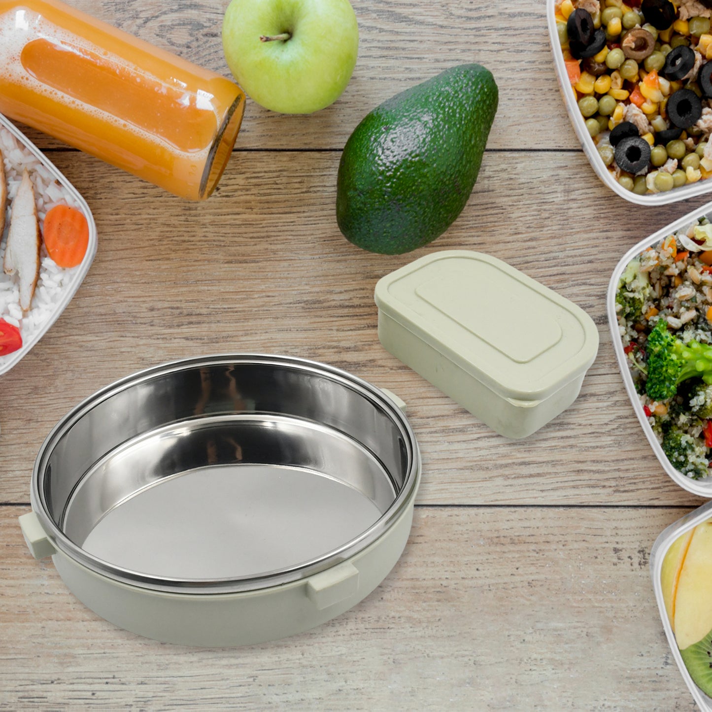 Wukusy Miracle stainless steel round lunch box with transparent lid, includes small plastic insert, leak-proof design for kids and adults.