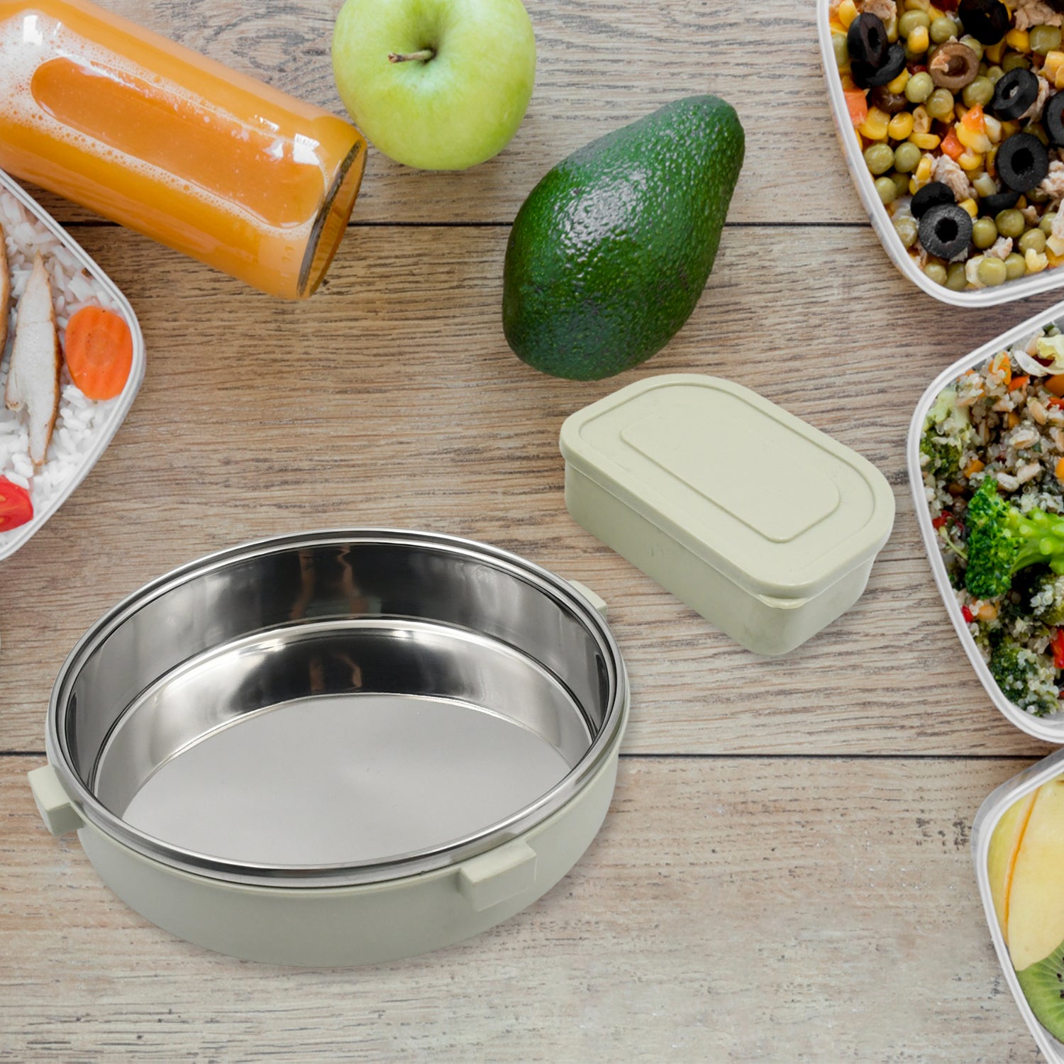 Wukusy Miracle stainless steel round lunch box with transparent lid, includes small plastic insert, leak-proof design for kids and adults.