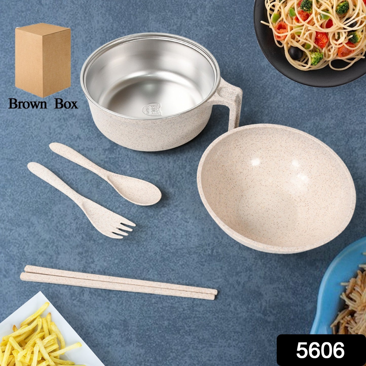 Wukusy 6-piece rice bowl set with lid, handle, wheat straw material, includes fork, chopsticks, and spoon for soup and salads.
