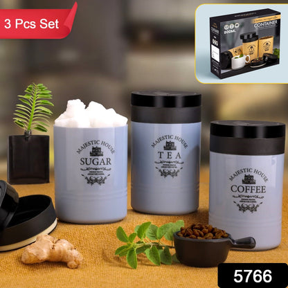 Set of three Wukusy plastic Damru-shaped containers for tea, sugar, and coffee with airtight seals, multicolor home kitchen storage.