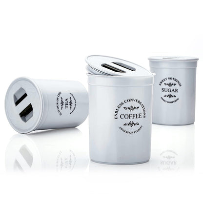 Set of three multicolor plastic Damru-shaped tea, sugar, and coffee containers with airtight lids for kitchen storage by Wukusy.