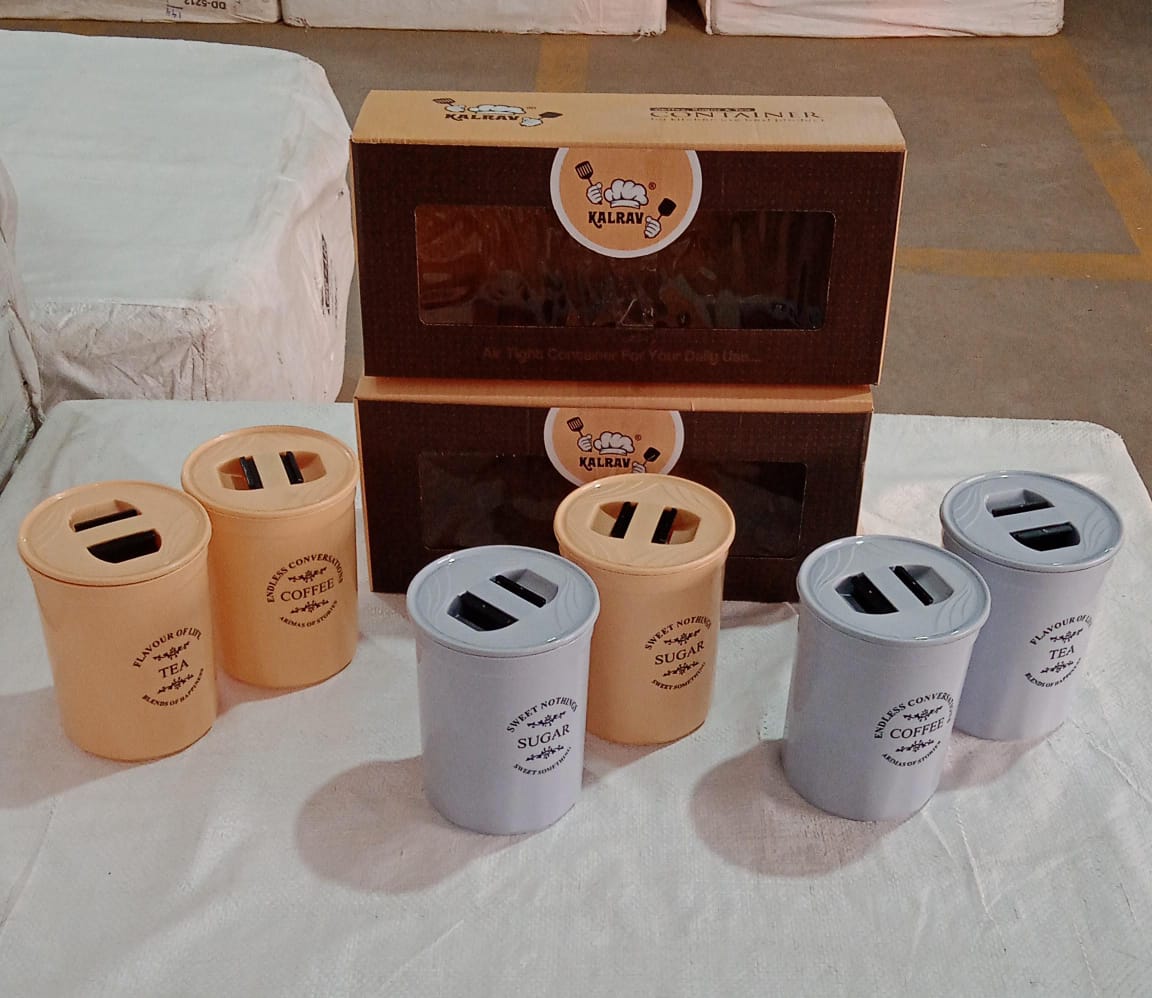 Set of three Wukusy plastic Damru-shaped containers for tea, sugar, and coffee with airtight seals in multicolor for kitchen storage.