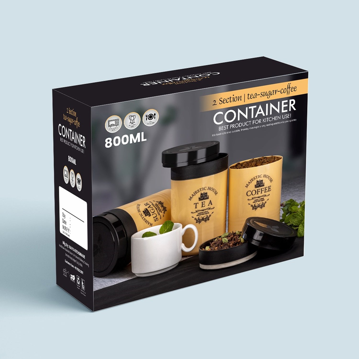 Set of three multicolor plastic Damru-shaped containers for tea, sugar, and coffee with airtight lids, ideal for kitchen storage.