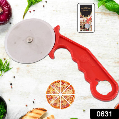 Wukusy stainless steel pizza cutter with a round blade, ideal for cutting pizzas, pastries, and sandwiches in a home kitchen setting.