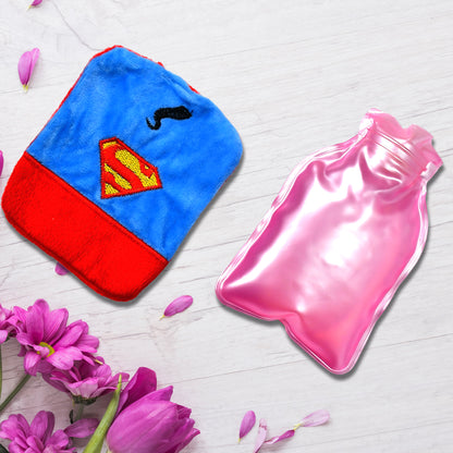 Wukusy Superman print small hot water bag with cover for pain relief, neck, shoulder, hand, foot warmer, and menstrual cramps.