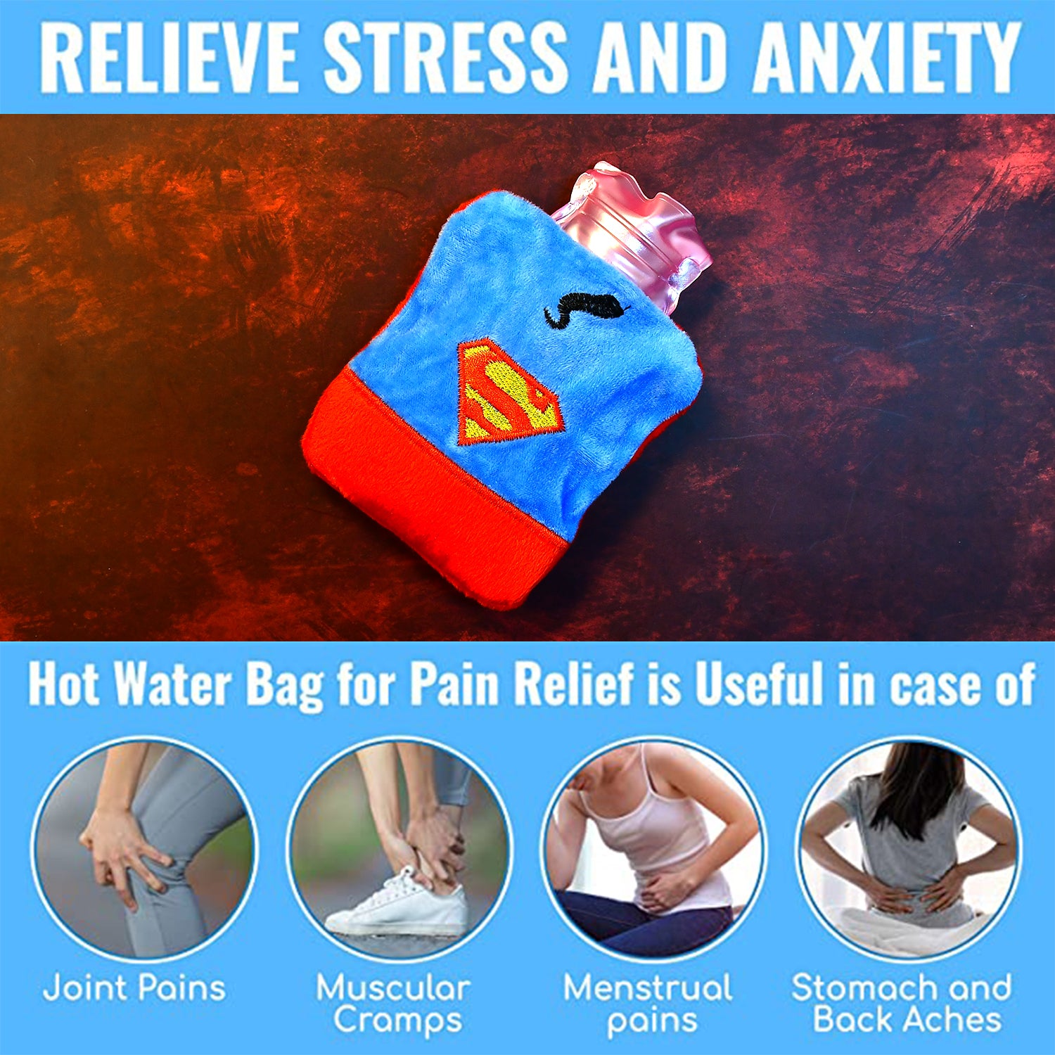 Wukusy Superman print small hot water bag with cover, used for pain relief, neck, shoulder, hand, feet warmth, and menstrual cramps.