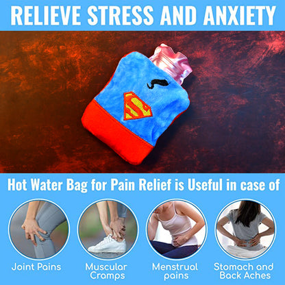 Wukusy Superman print small hot water bag with cover, used for pain relief, neck, shoulder, hand, feet warmth, and menstrual cramps.