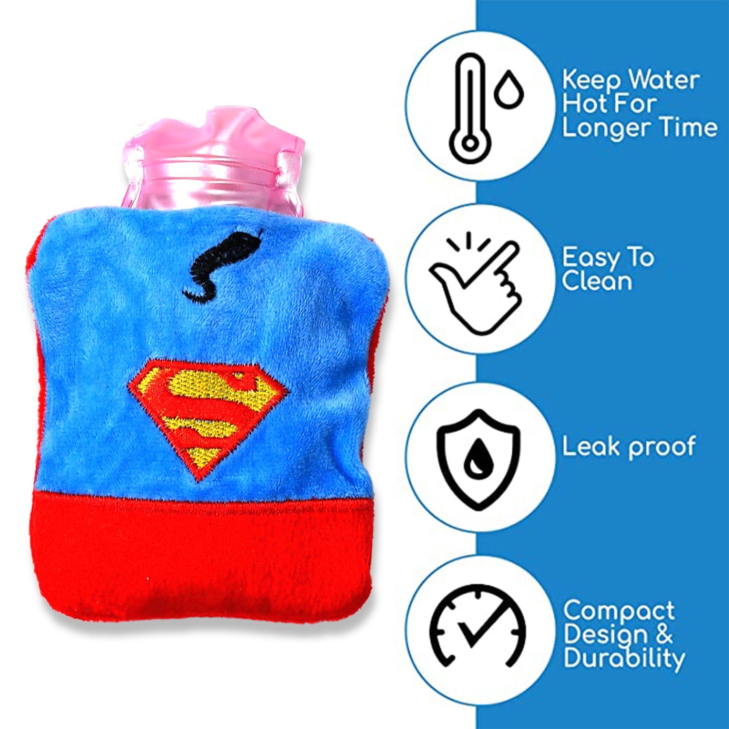 Wukusy Superman print small hot water bag with cover for pain relief, neck, shoulder, hand, foot warmer, and menstrual cramps.