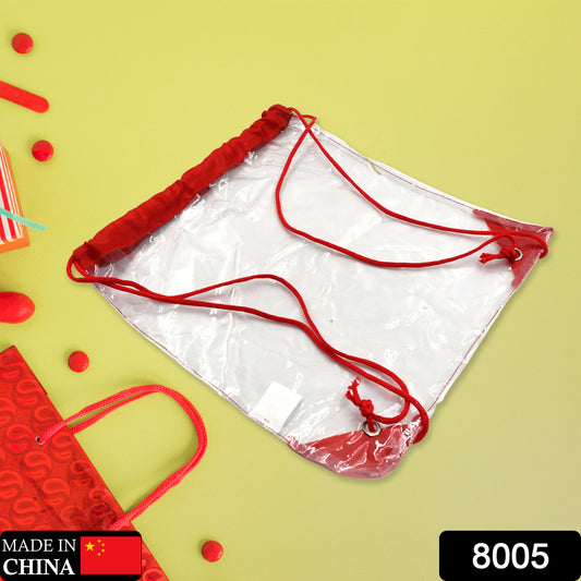 Wukusy 8005 plastic waterproof transparent stadium bag, clear string bag for gym, beach, travel, and sports use.