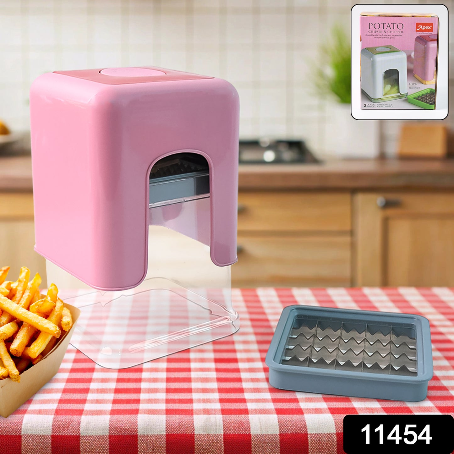 Wukusy Apex Heavy Duty Potato Chipser and Vegetable Chopper with dual blades for efficient slicing in the kitchen.