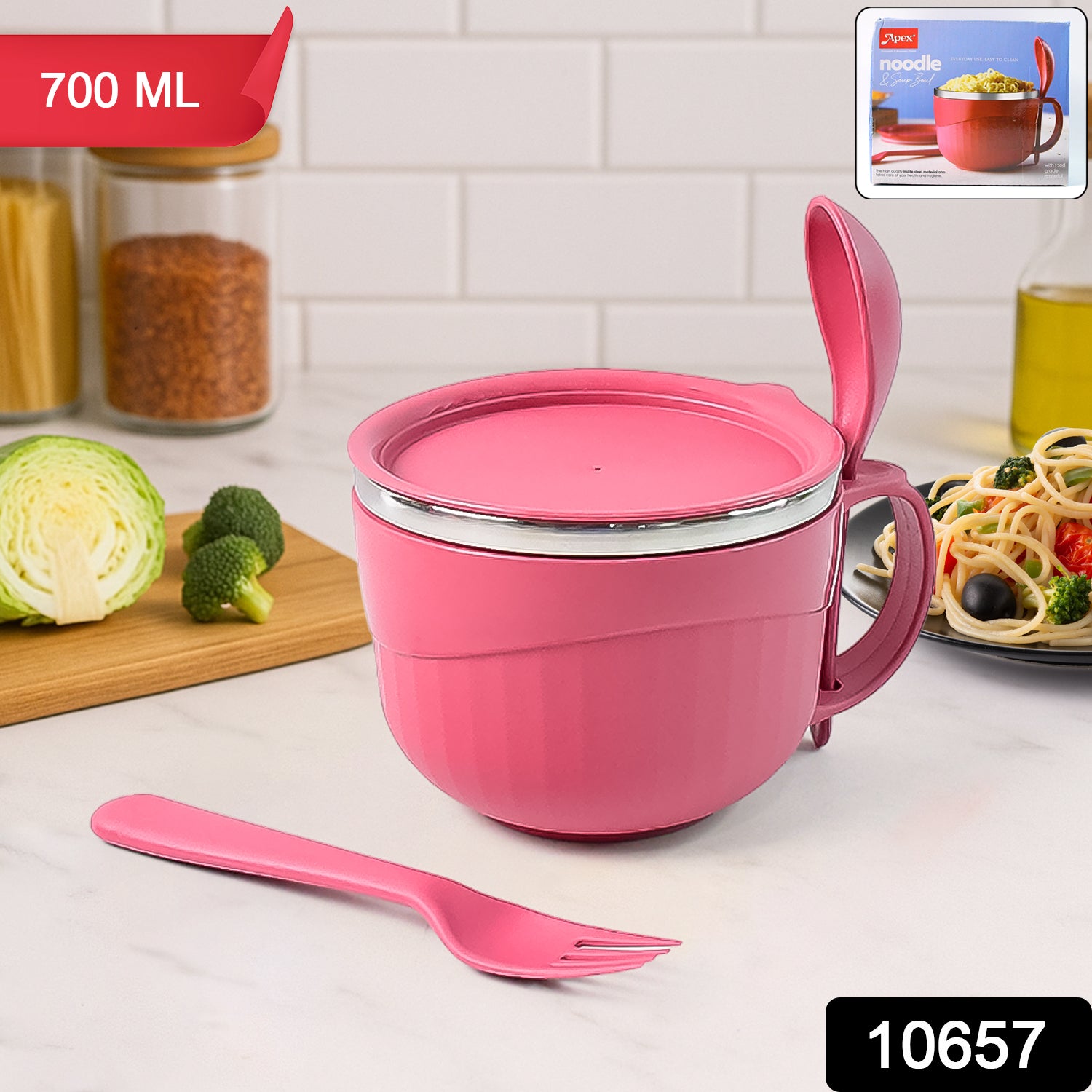 Wukusy Apex Premium 700ml multipurpose noodle bowl with handle lid and fork, suitable for home and kitchen use.
