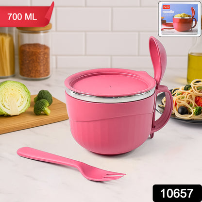 Wukusy Apex Premium 700ml multipurpose noodle bowl with handle lid and fork, suitable for home and kitchen use.